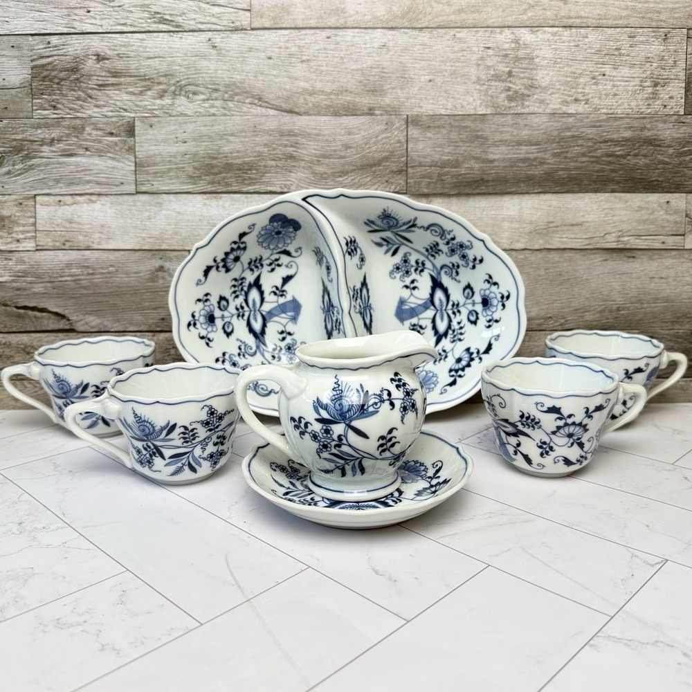 Blue Danube Blue Onion Tea Coffee Cups, Creamer And Vegetable Plate Lot Japan